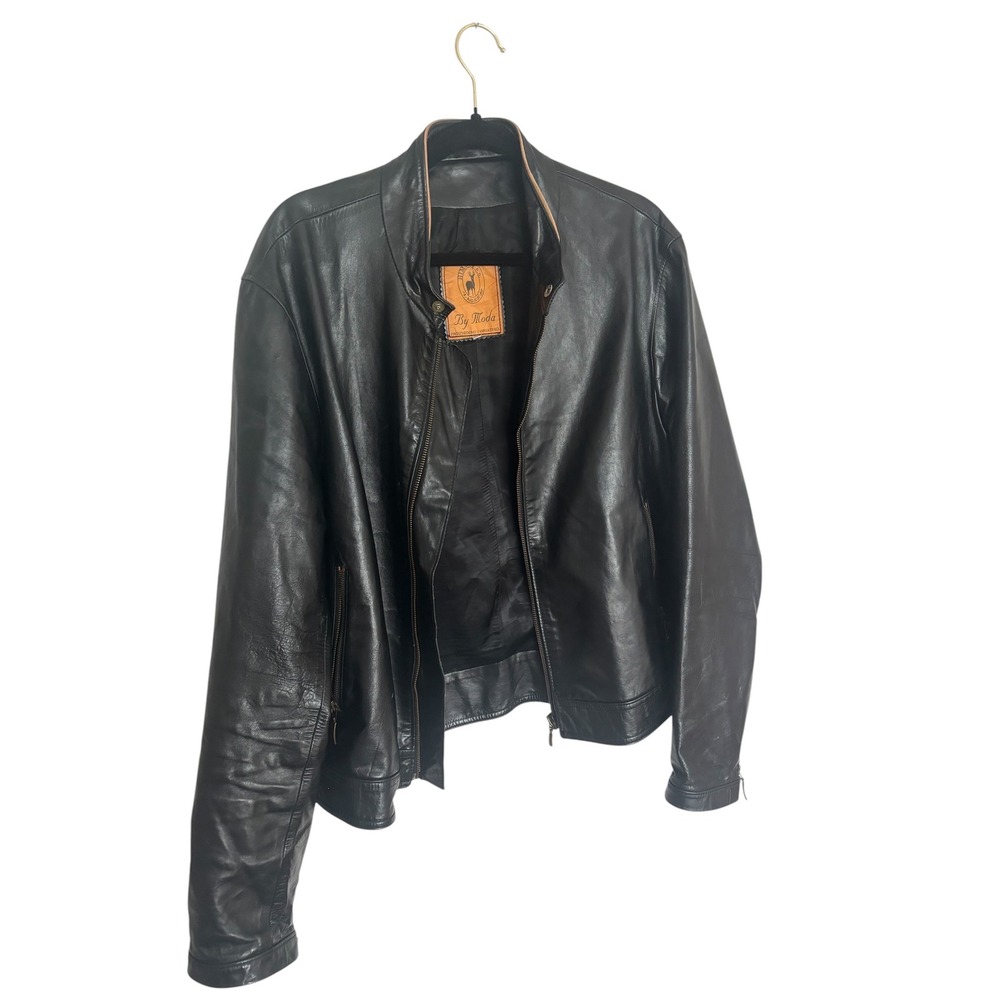 By Moda Mens Black Leather Cafe Racer Jacket Y2K cyber goth Size 52 Euro L XL